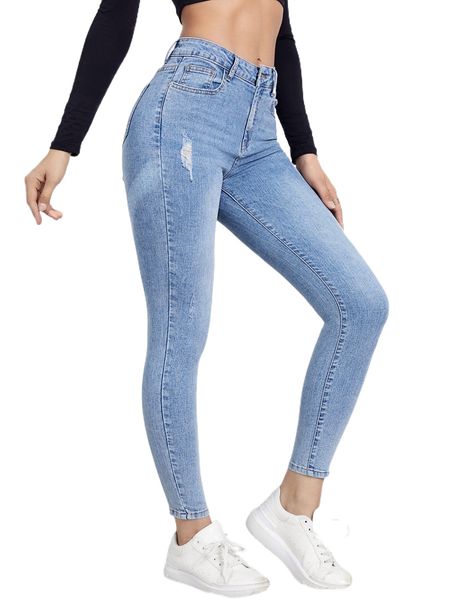 

high waist ripped detail skinny jeans x2pp#, Blue