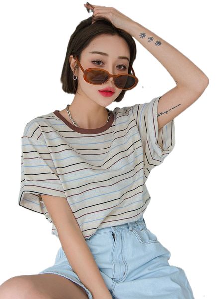 

dazy block striped contrast trim drop shoulder tee o4u3#, White
