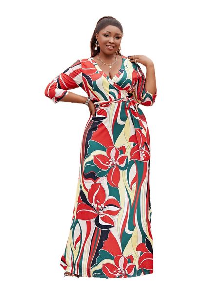 

plus floral print belted dress v1ix#, Black