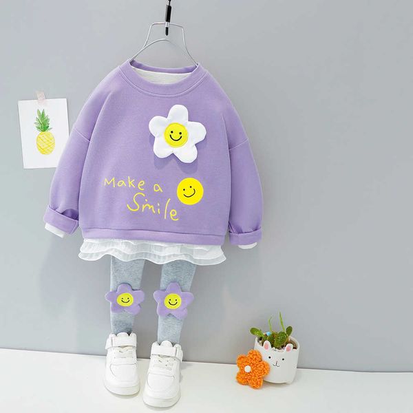 

toddler girls clothes autumn kids cartoons set cute pullover sleeves 2pcs outfit sun flower children clothing suit for girl, White