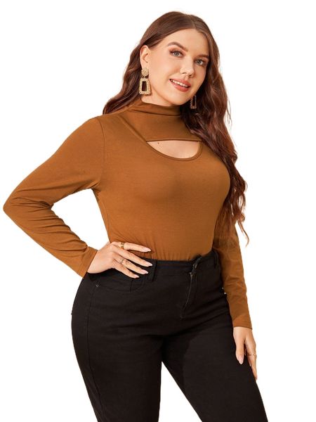 

plus solid cut out stand neck tee 94ja#, Black
