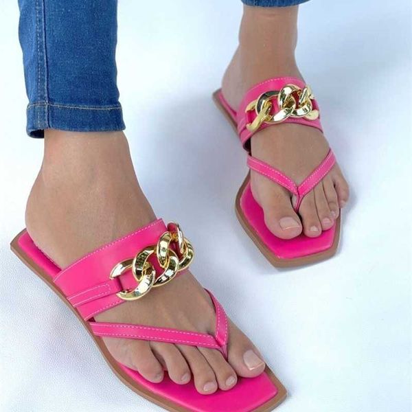 Damen-Slipper mit Clip-Zehe und flachem Boden, Metallkette, Strandsandalen, einfarbig, Flip-Flops