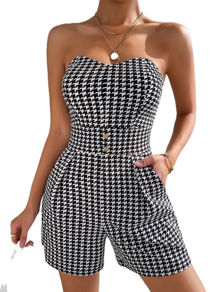 

houndstooth print fold pleated tube romper m6je#, Black;white