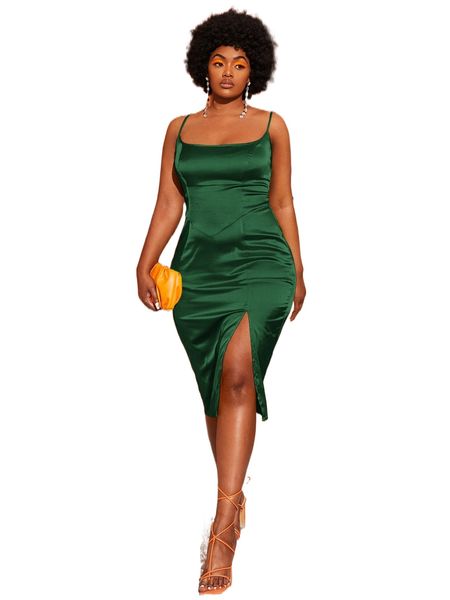 

bae plus split thigh satin cami dress o1ba#, Black