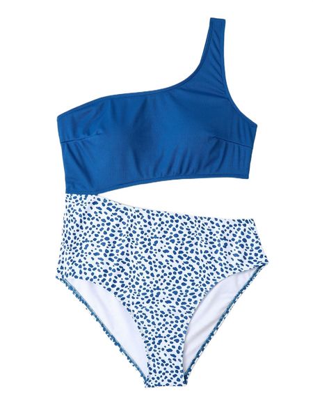 

plus dalmatian print cut out one shoulder one piece swimsuit h5w8#, White;black