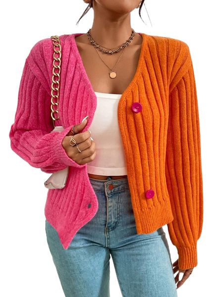 

two tone drop shoulder ribbed knit cardigan 46ai#, White;black