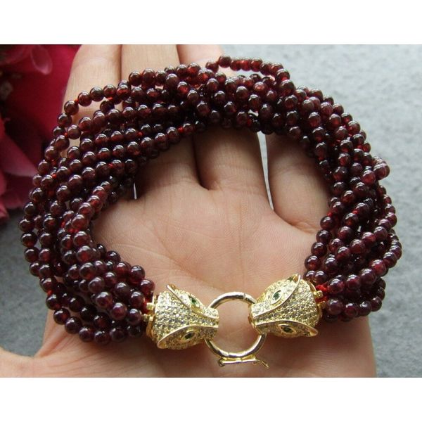 

9 strds natural claret garnet round bracelet-cz buckle, Silver
