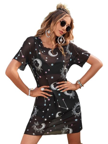 

moon & star print lettuce trim dress without lingerie e4pj#, Black;gray