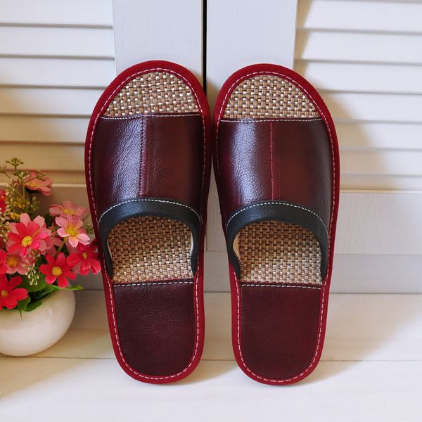 

summer home cowhide leather slippers soft bottom indoor floor household linen sandals men and women couple slippers, Black