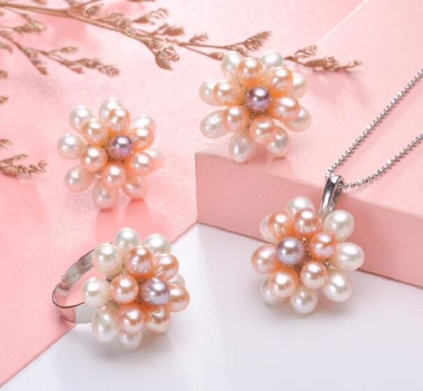 

hydrangea flower natural freshwater pearl chains set pendant ring earrings, Silver