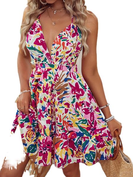 

floral print halter neck backless knot ruffle hem dress y7av#, Black;gray