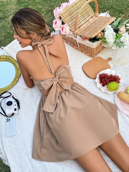 

tie backless shirred bodice halter dress 82ie#, Black;gray