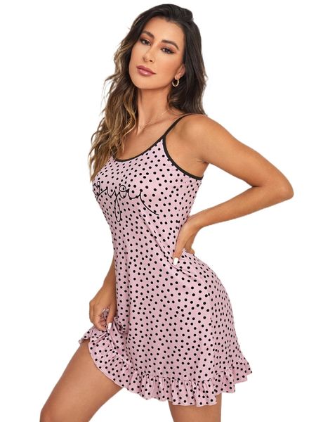 

polka dot & slogan graphic ruffle hem nightdress b7st#, Black;red