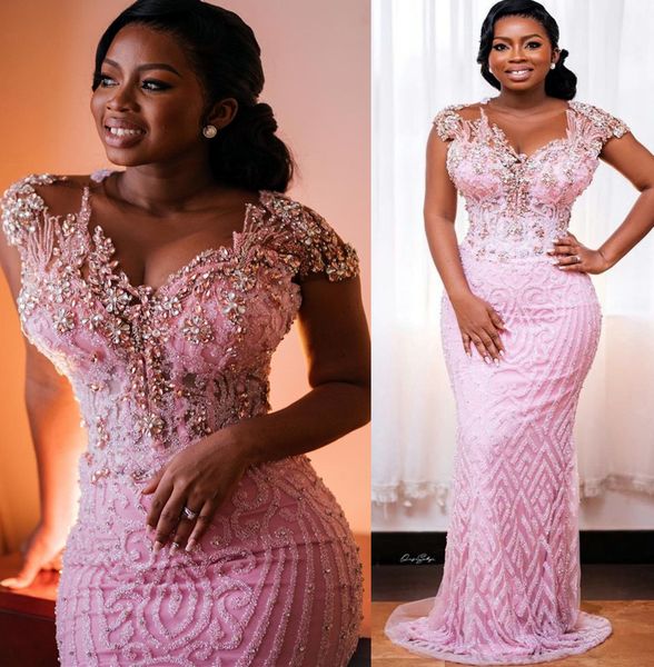 

2022 plus size arabic aso ebi pink mermaid luxurious prom dresses sheer neck evening formal party second reception birthday engagement gowns, Black