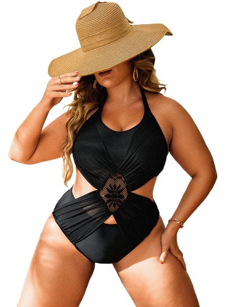 

plus contrast lace cut out halter one piece swimsuit y9ii#, White;black