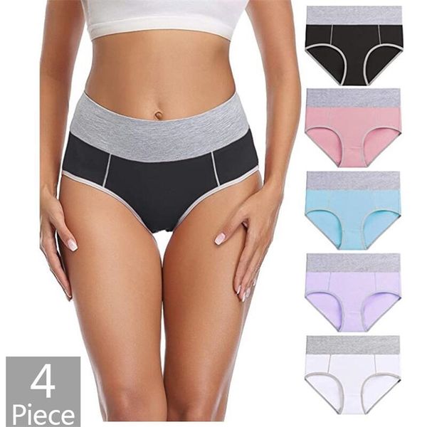 

4pc women cotton underwear high waist stretch brief soft underpants breathable ladies lingerie panties multipack 220426, Black;pink