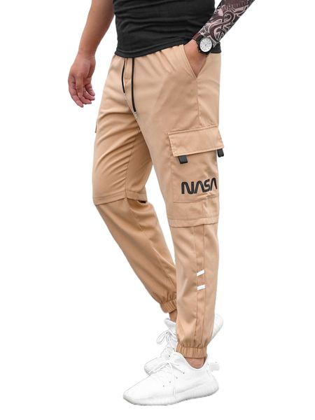 

men letter graphic flap pocket side drawstring waist cargo pants l8ew#, Black
