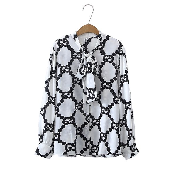 

2022 lady woman spring&ampautumn fashionable tie neck circular chain print chiffon shirt, White