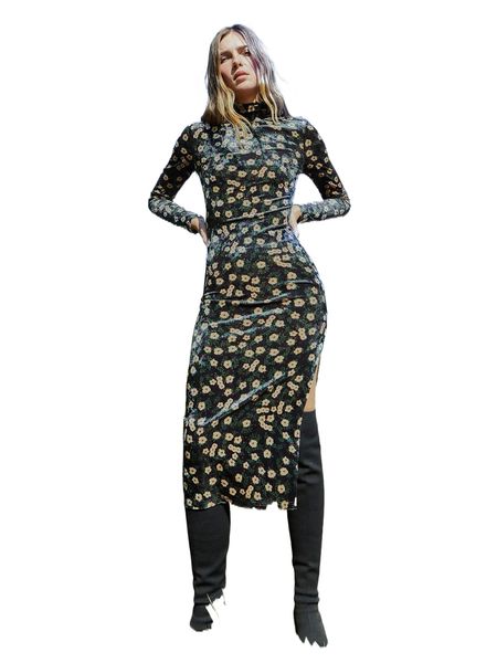 

random floral print split thigh velvet dress u6ud#, Black;gray