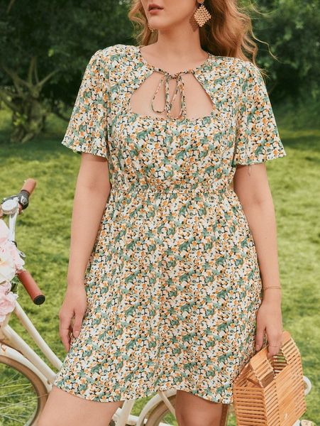 

plus ditsy floral tie neck dress 33lx#, Black