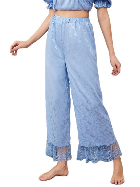 

leaf jacquard contrast lace sleep pants n7e0#, Black;red