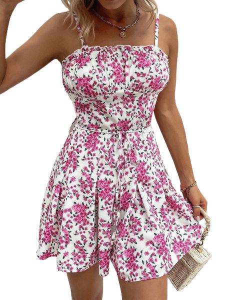 

floral frill ruched bust belted cami romper n1lj#, Black;white