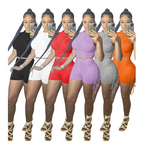 

summer solid pleated drawstring tracksuits for women sleeveless vest crop and sports casual shorts 2 piece sets g6043, Gray