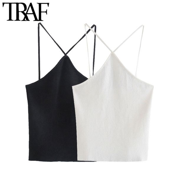 

traf women fashion hollow out cropped knit tank vintage backless thin straps female camis mujer 220316, White