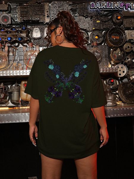 

plus butterfly & floral print drop shoulder tee 92zf#, Black