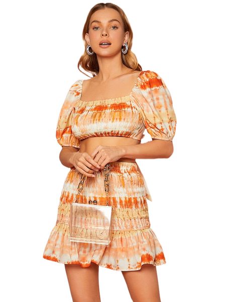 

tie dye shirred crop & ruffle hem mermaid skirt n7xe#, White
