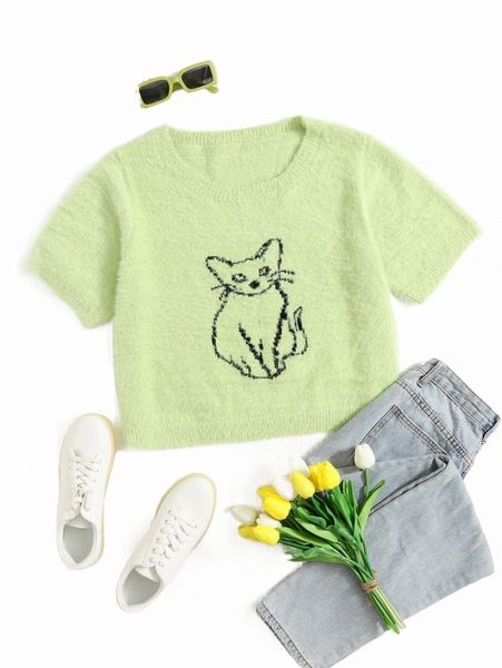 

plus cat pattern fuzzy knit g8x0#, Black