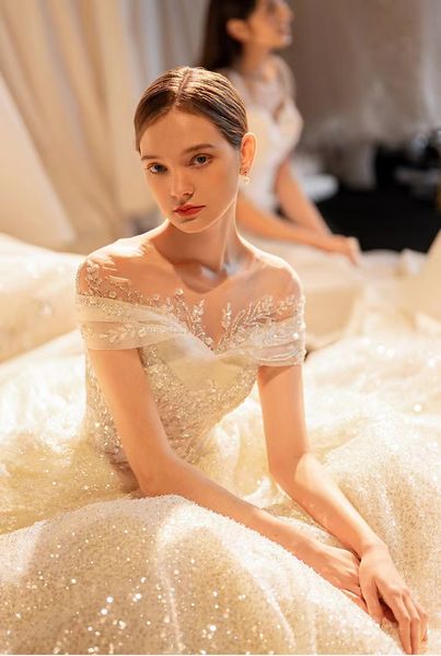 

retro court luxury classic bridal gowns off shouder lace applique sequins ball gown wedding dresses with favorable price, White