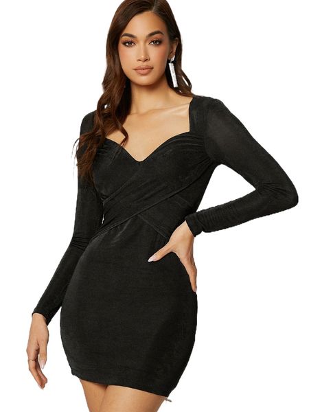 

wrap cross detail bodycon dress g6a9#, Black;gray