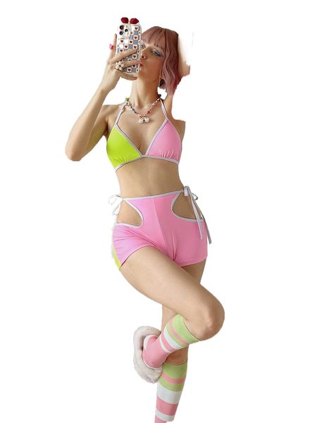 

colorblock triangle halter tie side bikini swimsuit h6h8#, White;black