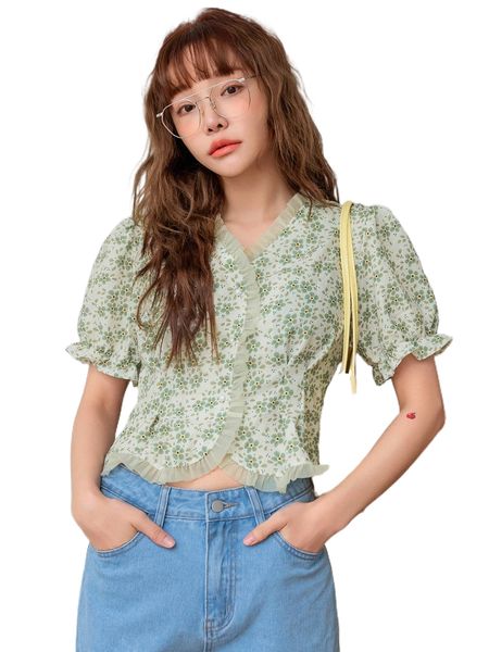 

dazy floral print frill trim button front blouse 22mt#, White