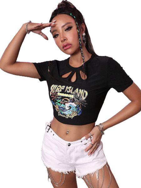 

coconut tree & letter graphic cut out crop tee i2xq#, White