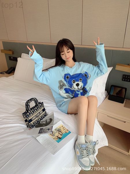 

women's t-shirt designer chaopai 22ss early spring new cute cartoon bear drill versatile loose long sleeve t-shirt nfqy, White