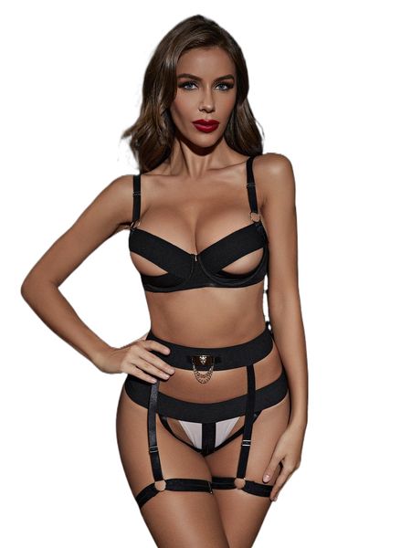 

plain cut-out underwire lingerie set r6px#, Black;red