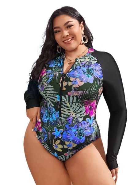 

plus tropical print zipper front one piece swimsuit a1ct#, White;black