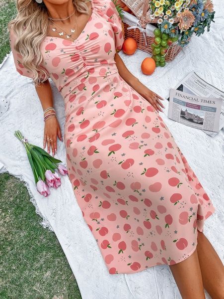 

floral print ruched sweetheart neck lantern sleeve dress m2jb#, Black;gray
