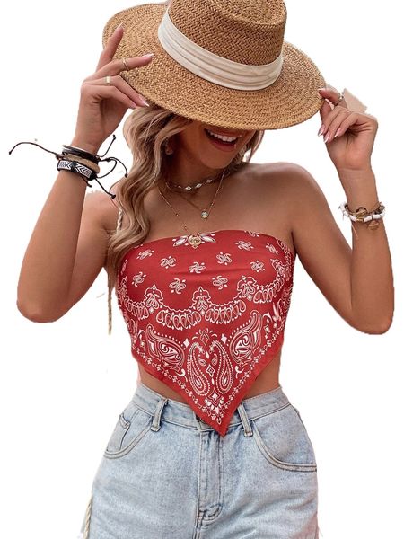 

paisley print tie back hanky hem crop tube u21d#, White
