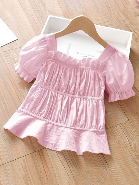 

little girl's plain pleated ruffle hem shirt she, White;black