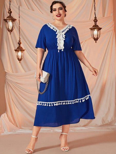 

plus guipure lace insert tassel trim dress z2sv#, Black