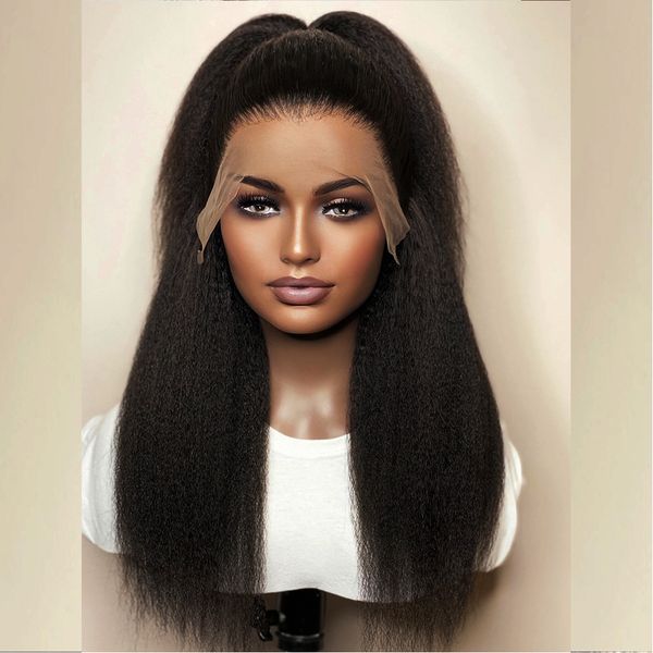 

kinky straight lace front peruvian wigs natural black color 13x4 synthetic lace frontal wig for women with babyhair