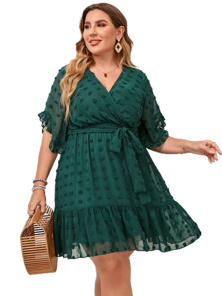 

plus swiss dot ruffle hem wrap belted dress 29wc#, Black