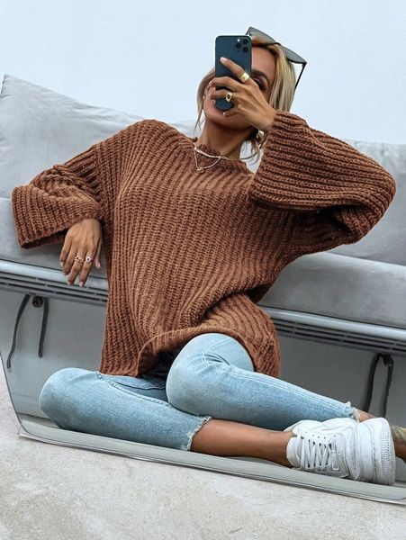 

solid drop shoulder chunky knit sweater v9di#, White;black