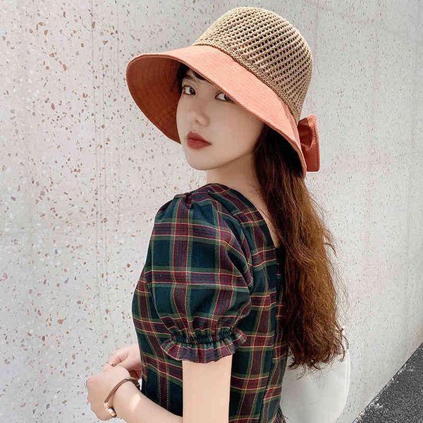 

hats net red knitted stitched fisherman's children's color matching bow sunshade korean versatile basin, Blue;gray