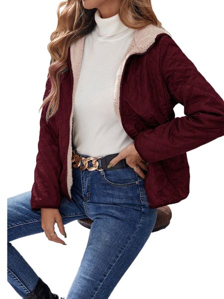 

slant pockets teddy lined hooded argyle quilted coat w26k#, Black