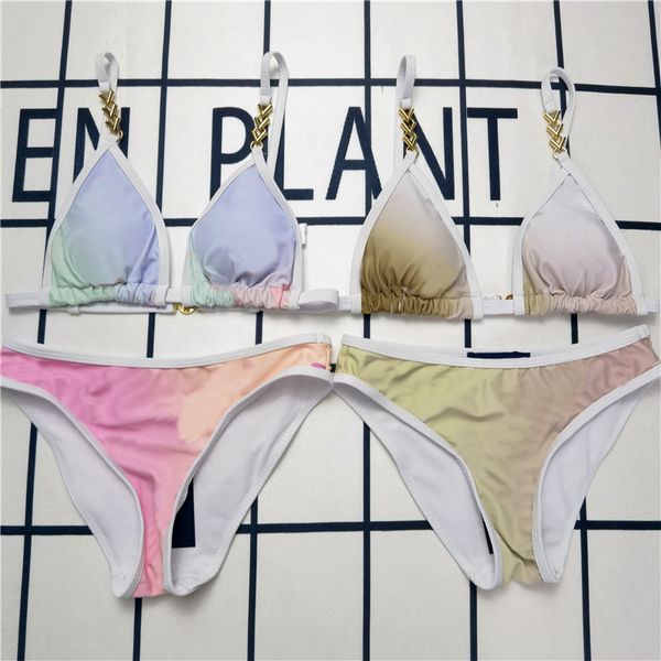 

new gradient letter swimwear alphabet metal chain swimsuit summer backless suspender bathing suits 2 piece set, White;black