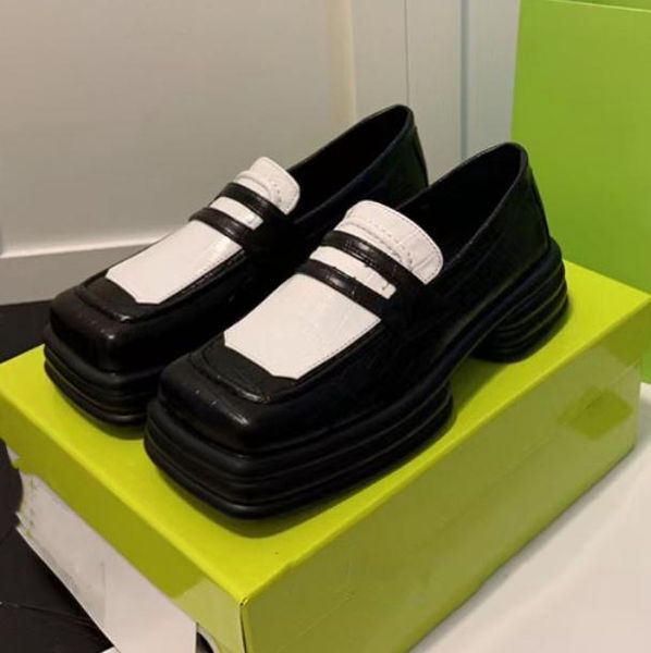 

women's loafers shoes square toe color matching 5cm thick sole all-match casual show legs long ladies black white small leather shoes